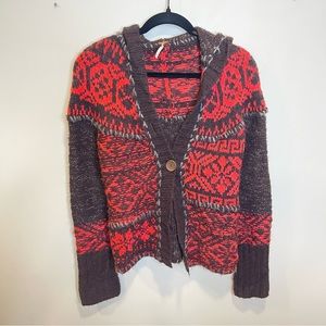 Free People Open Knit Tribal Red Brown Open Front Button Sweater Cardigan Small